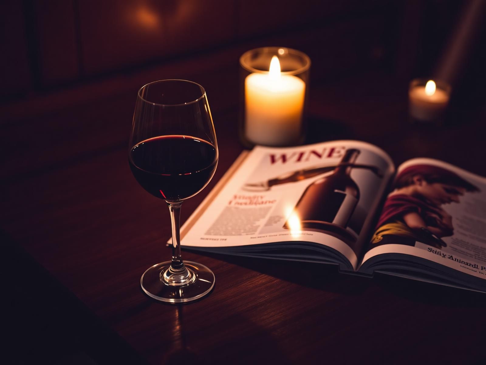 A glass of red wine beside an open magazine in candlelight